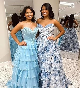 GODCUN Tiered Chiffon Prom Dresses for Women Strapless Corset Evening Gown  Floral Ruffle Formal Dress 2025 Blue US 0 at Amazon Women's Clothing store