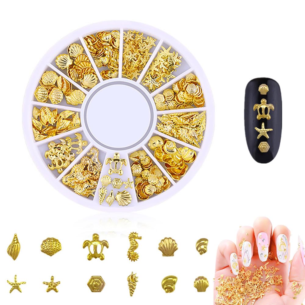 1 Boîte de Breloques pour Ongles Dorées Mélangées - Clous à ongles dorés - Strass étincelants - Océans, Paillettes, stud, rivets - Accessoires beauté ongles