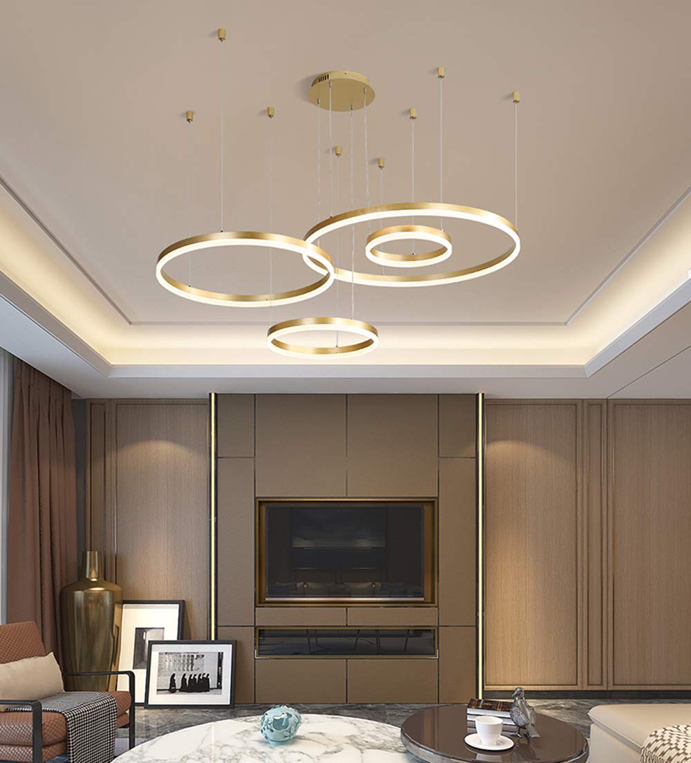 Lampada a Sospensione a LED 80W Lampada da Soggiorno Moderna Lampada a Sospensione da Tavolo Rotonda a 5 Anelli Dimmerabile con Telecomando Lampadario per Sala da Pranzo Living Cafe (Oro