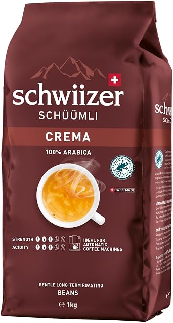 Schwiizer Schüümli Crema – 1 kg Whole Coffee Beans for Automatic Machines, Intensity 3/5, Medium Roast, 100% Arabica, Rainforest Alliance
