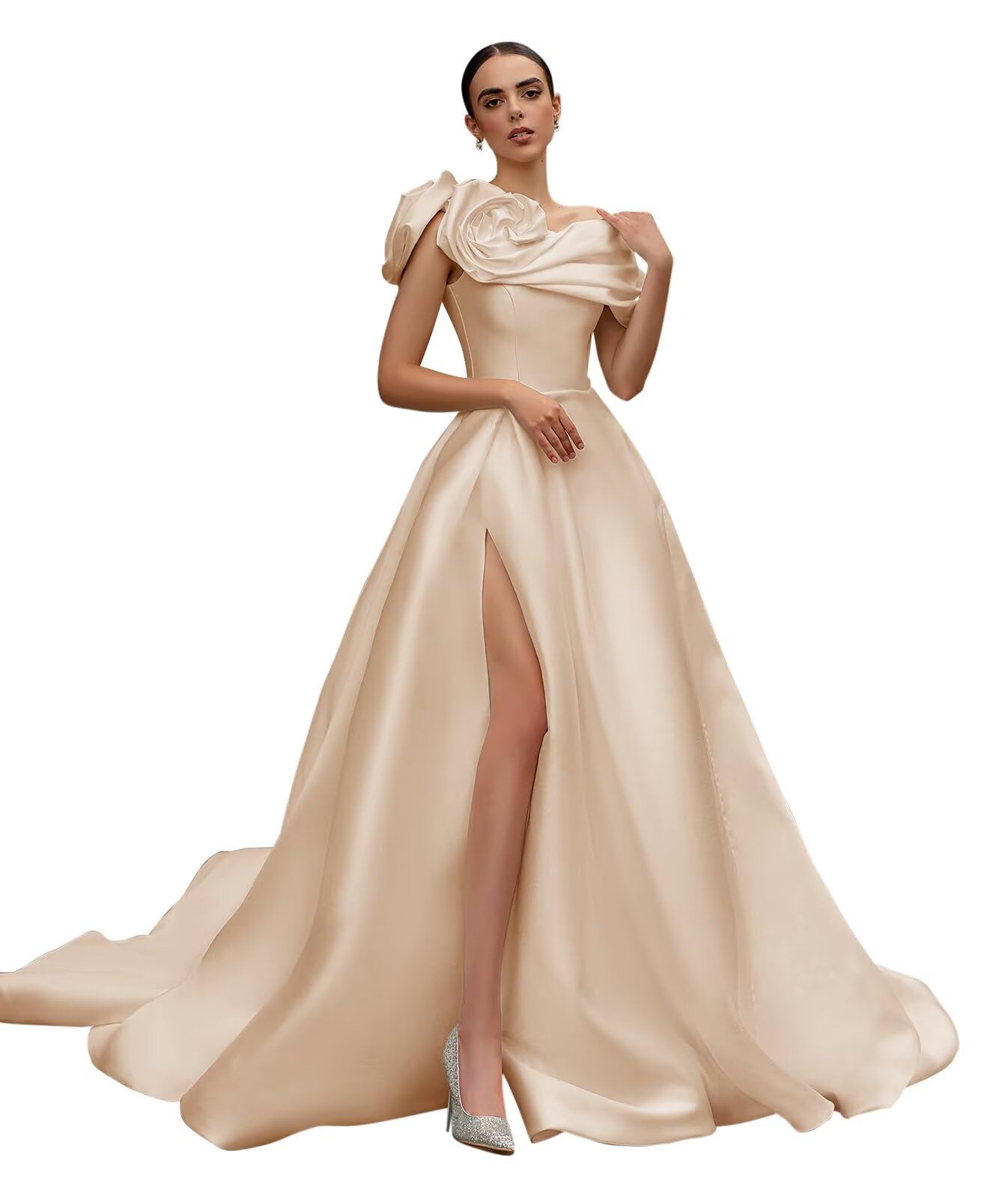 Off The Shoulder Satin Wedding Dresses A-Line Beaded Lace Applique Sparkly Bridal Gowns for Brides with Train