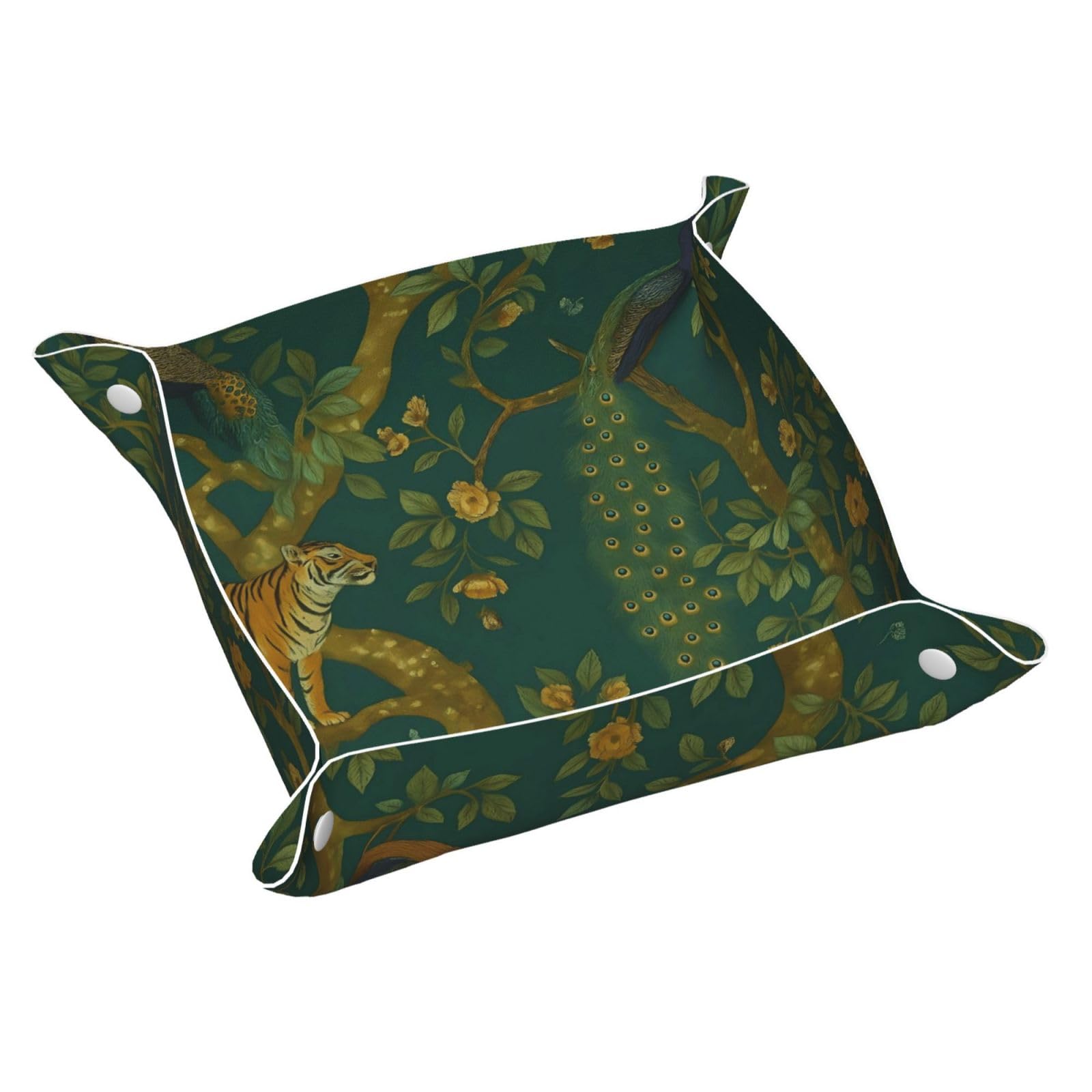 HLBSDM Graceful Tiger and Peacock on Tree Tray Men's Leather Valet Parking Portable Entrance Trays Bedside Storage Box