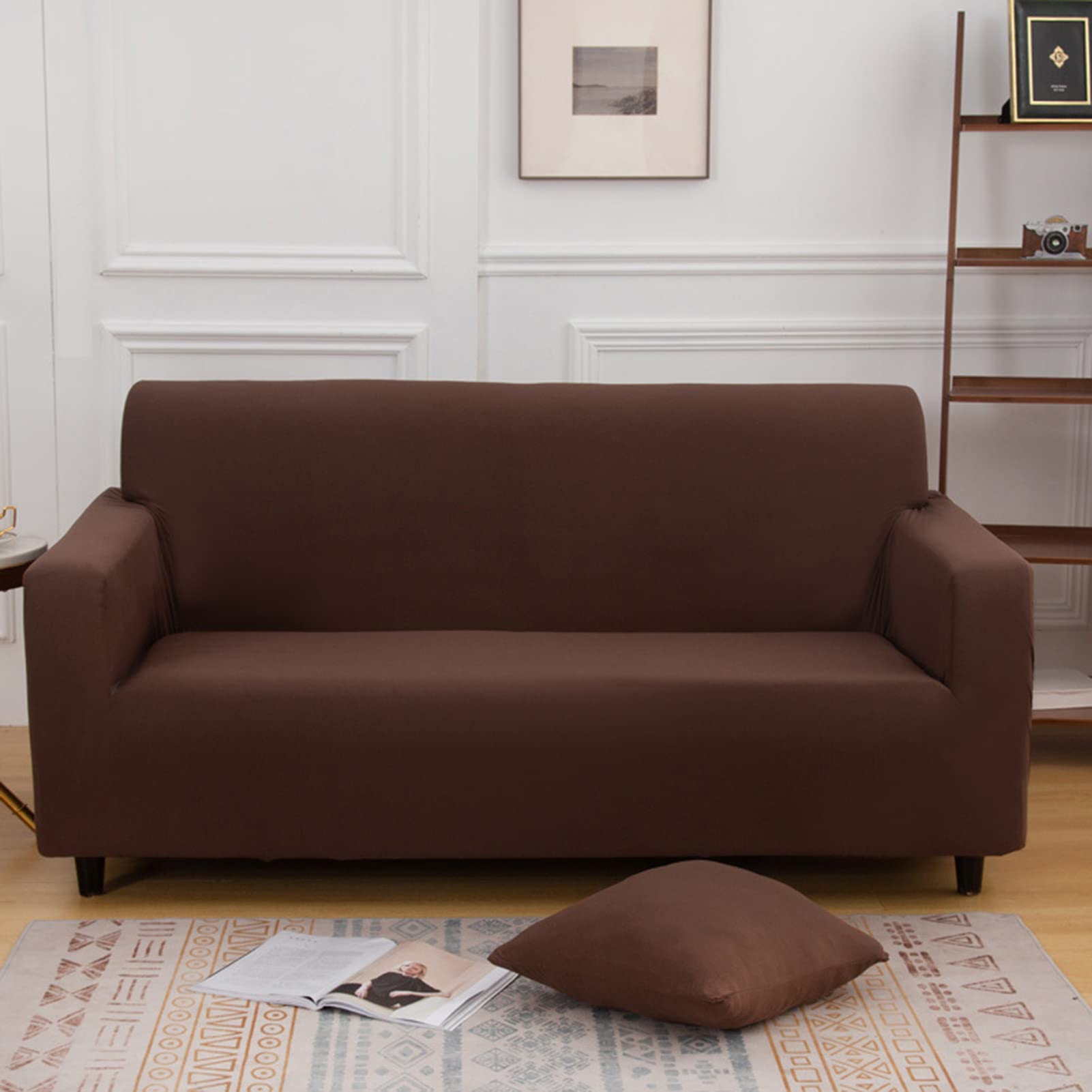 Housse de canapé 2 places marron foncé extensible et lavable pour salon