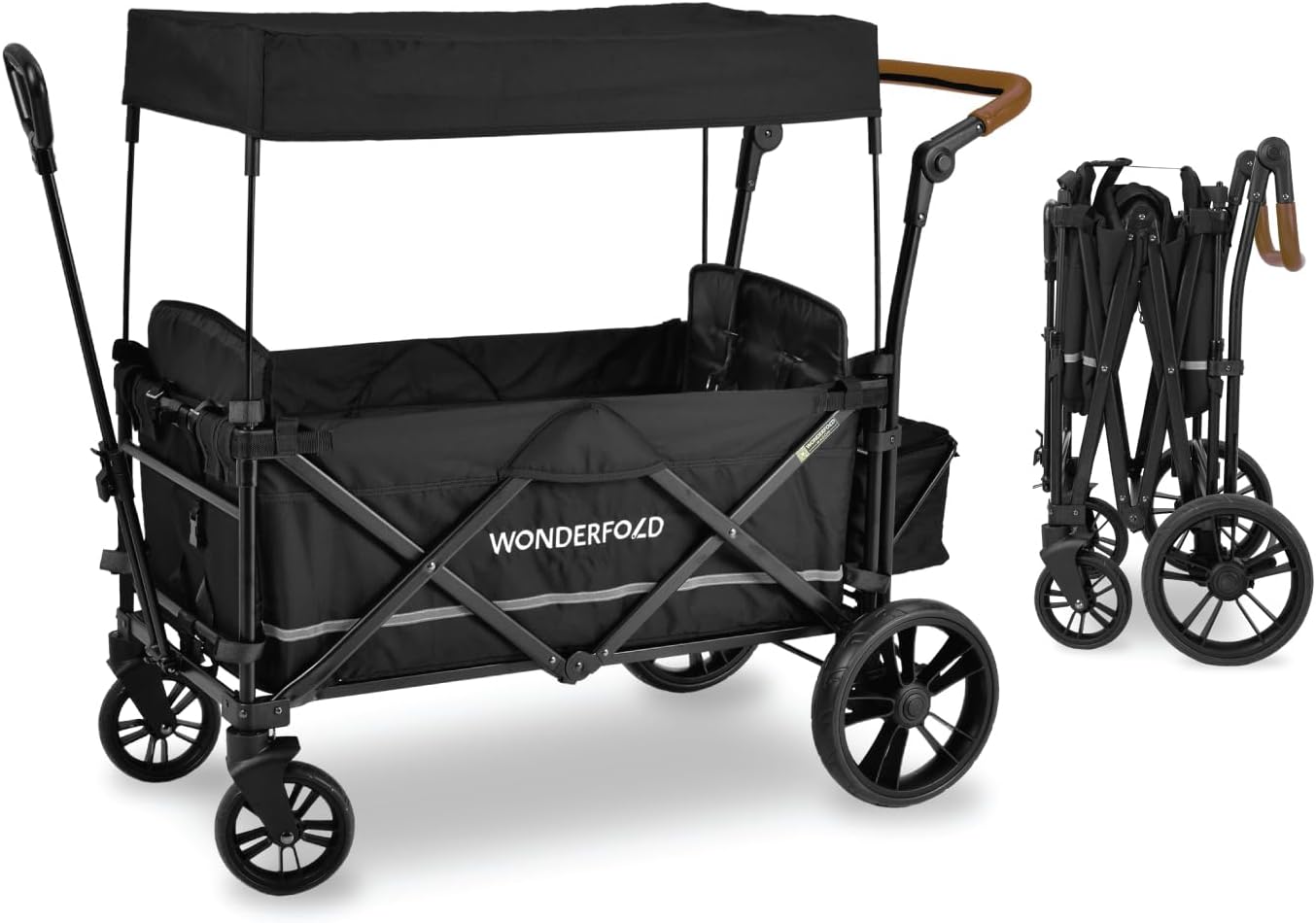 WONDERFOLDX2 Push & Pull Double Stroller Wagon (2 Seater) Featuring 5 Point Harnesses, Adjustable Push Handle, Telescopic Pull Handle, and Removable UV-Protection Canopy, Pitch Black