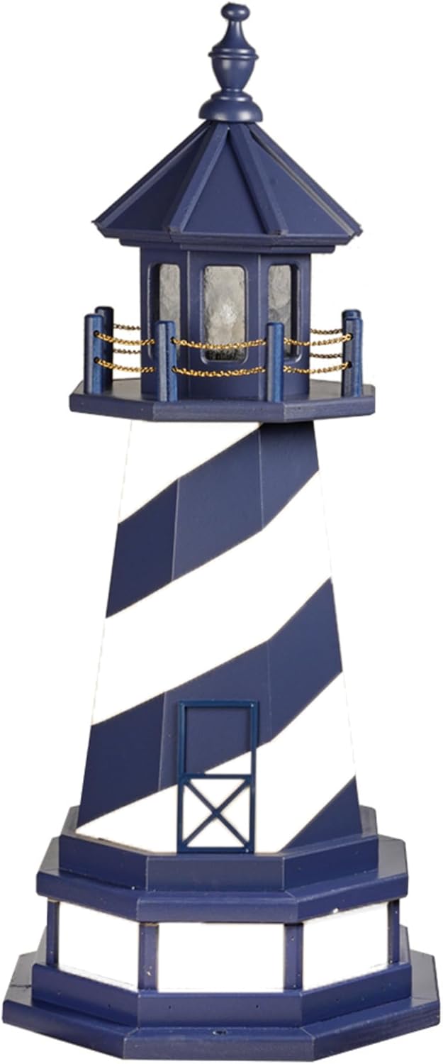 DutchCrafters Cape Hatteras, NC Solar Lighthouse with LED Dusk to Dawn Lights, Outdoor Statues for Garden, Solar Lights Outdoor Waterproof Patio Decor - Amish USA (Patriot Blue & White, 3' with Base)