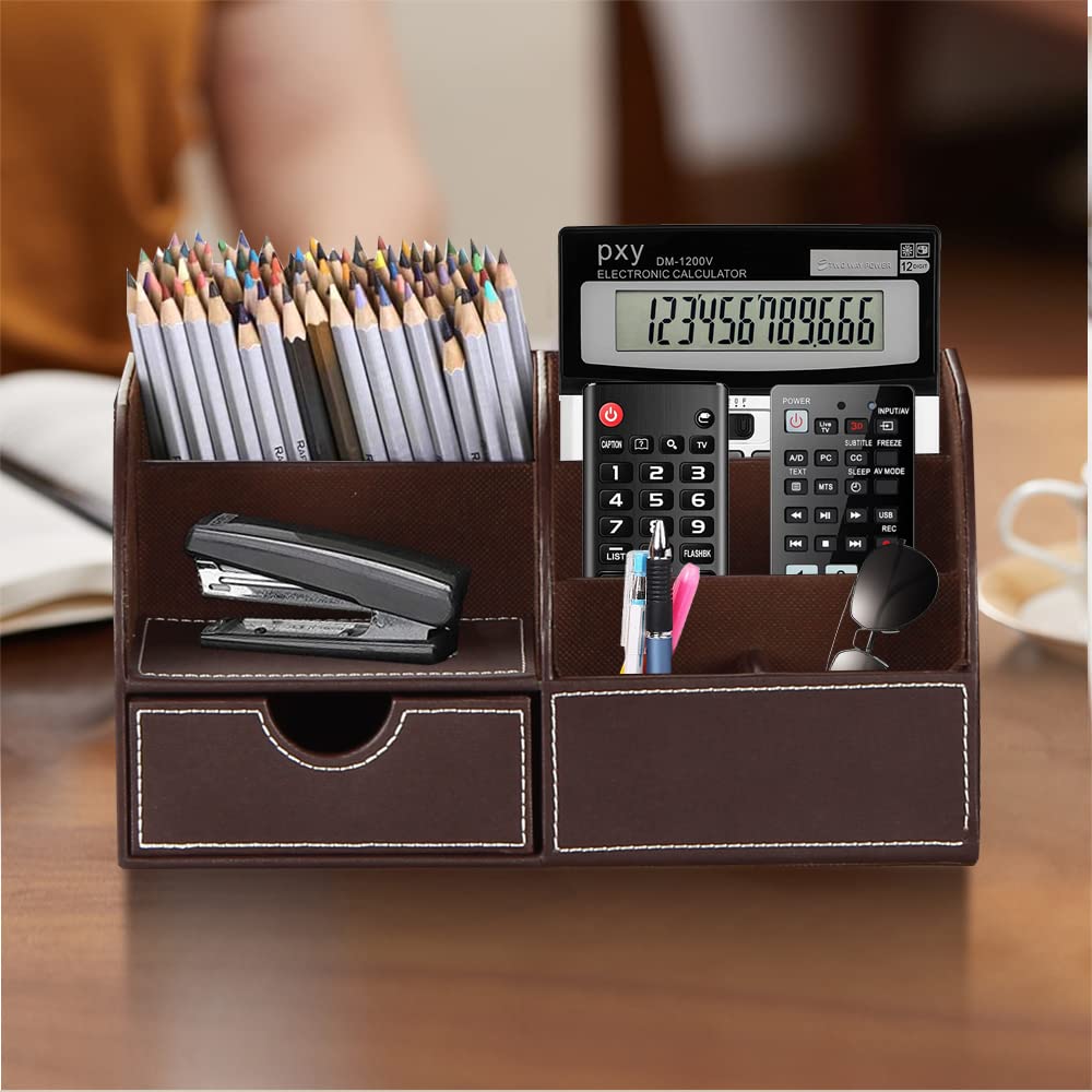 PUSU Büro Schreibtisch Organizer Leder, Multifunktions Schreibtisch Organisator mit Schublade,Stifthalter,Briefablage,Schreibwaren Set,für Visitenkarten, Stifte, Handy, Fernbedienung,Bürobedarf