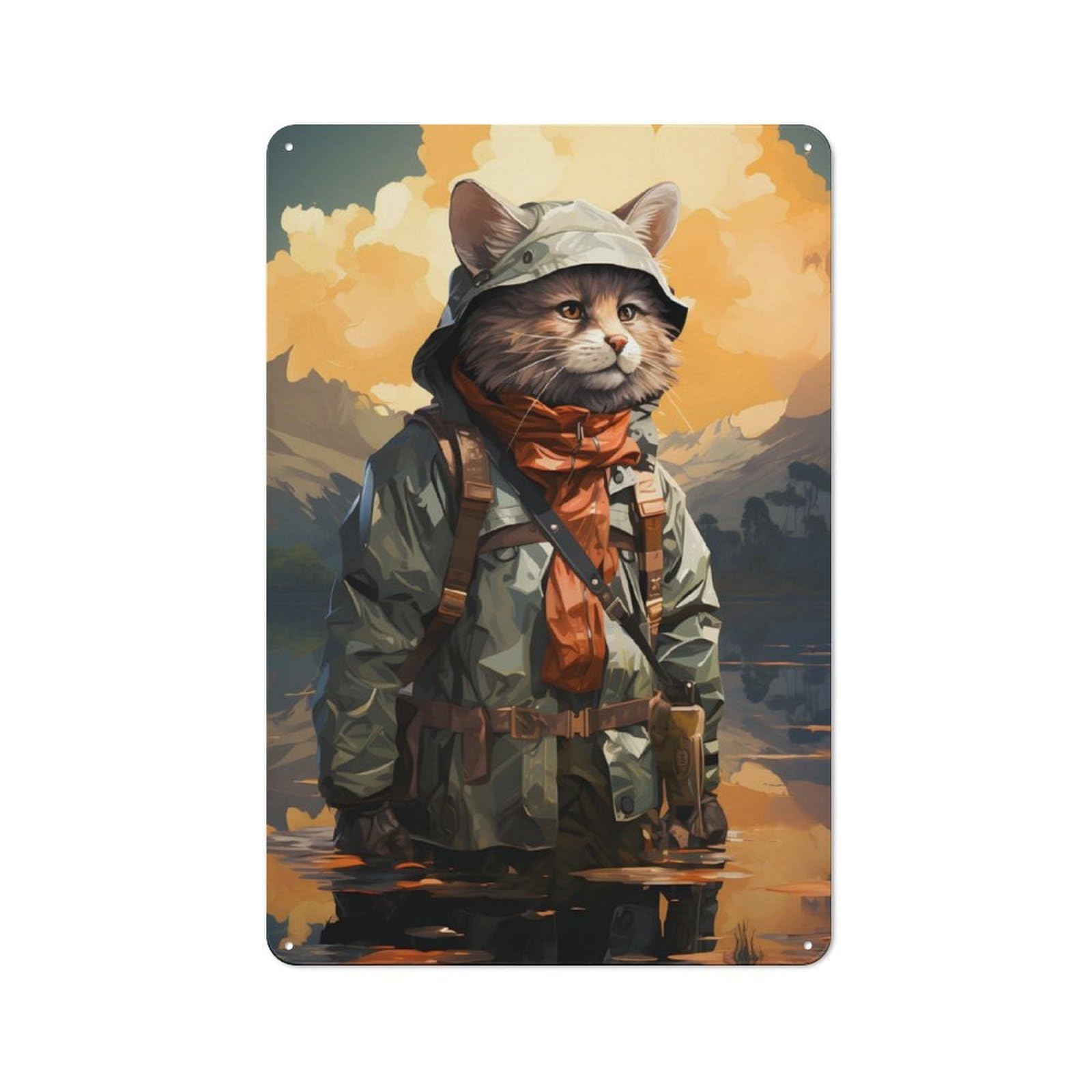 Junmoney Cat Fishing On A Lake Country Country Metal Sign 30X20cm, Farmhouse Wall Decor For Farmhouse Kitchen, Pantry Or Dining Area