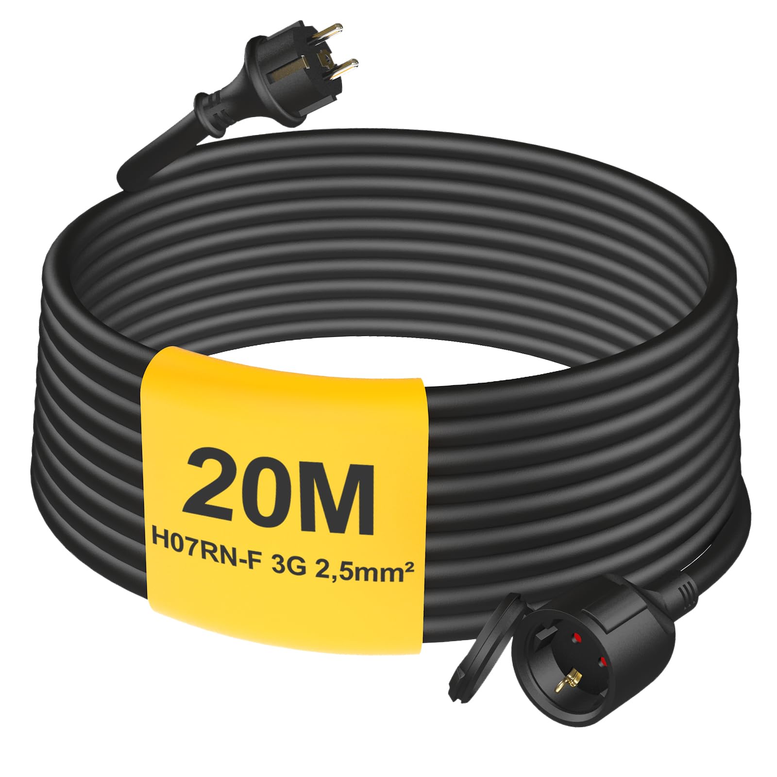 Cavo di prolunga per esterni, 20 m, con tappo di protezione, H07RN-F 3G, 2,5 mm², cavo di alimentazione in gomma con spina Schuko per esterni IP44, cavo elettrico esterno, 3500 W, 16 A, 250 V