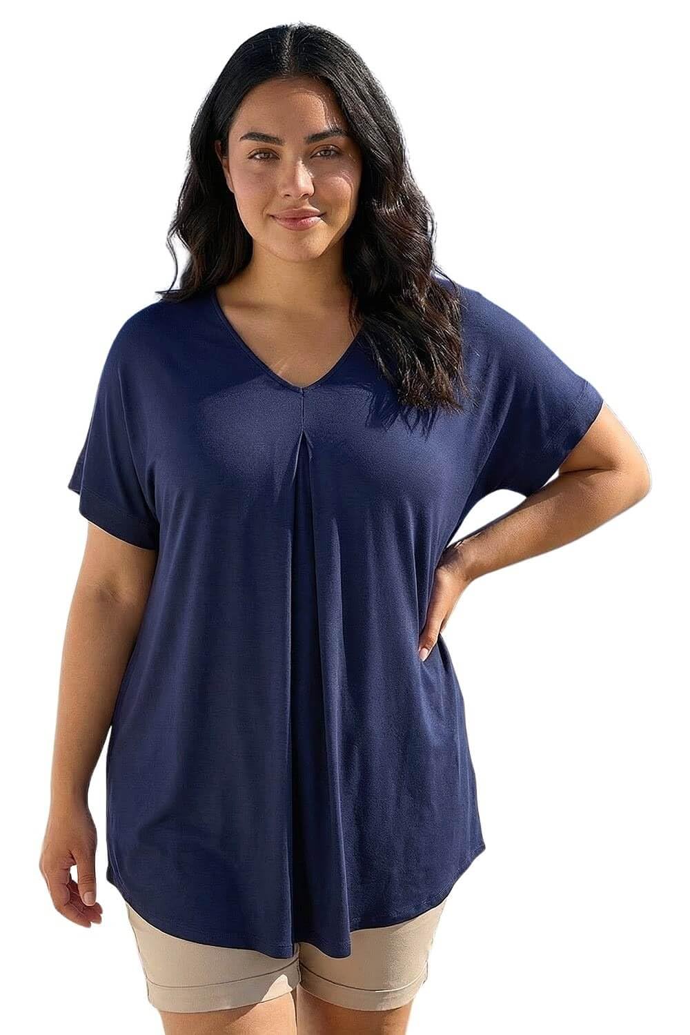Roman Curve Plain Pleat Front Stretch Top for Women UK - Ladies Everyday Holiday Spring Summer V-Neckline Comfy Soft Evening Vacation Work Party - Navy - Size 2224
