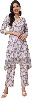 FIORRA Women's Lavender Cotton Blend Printed Tunic with Pant Co-ords Set Price In India