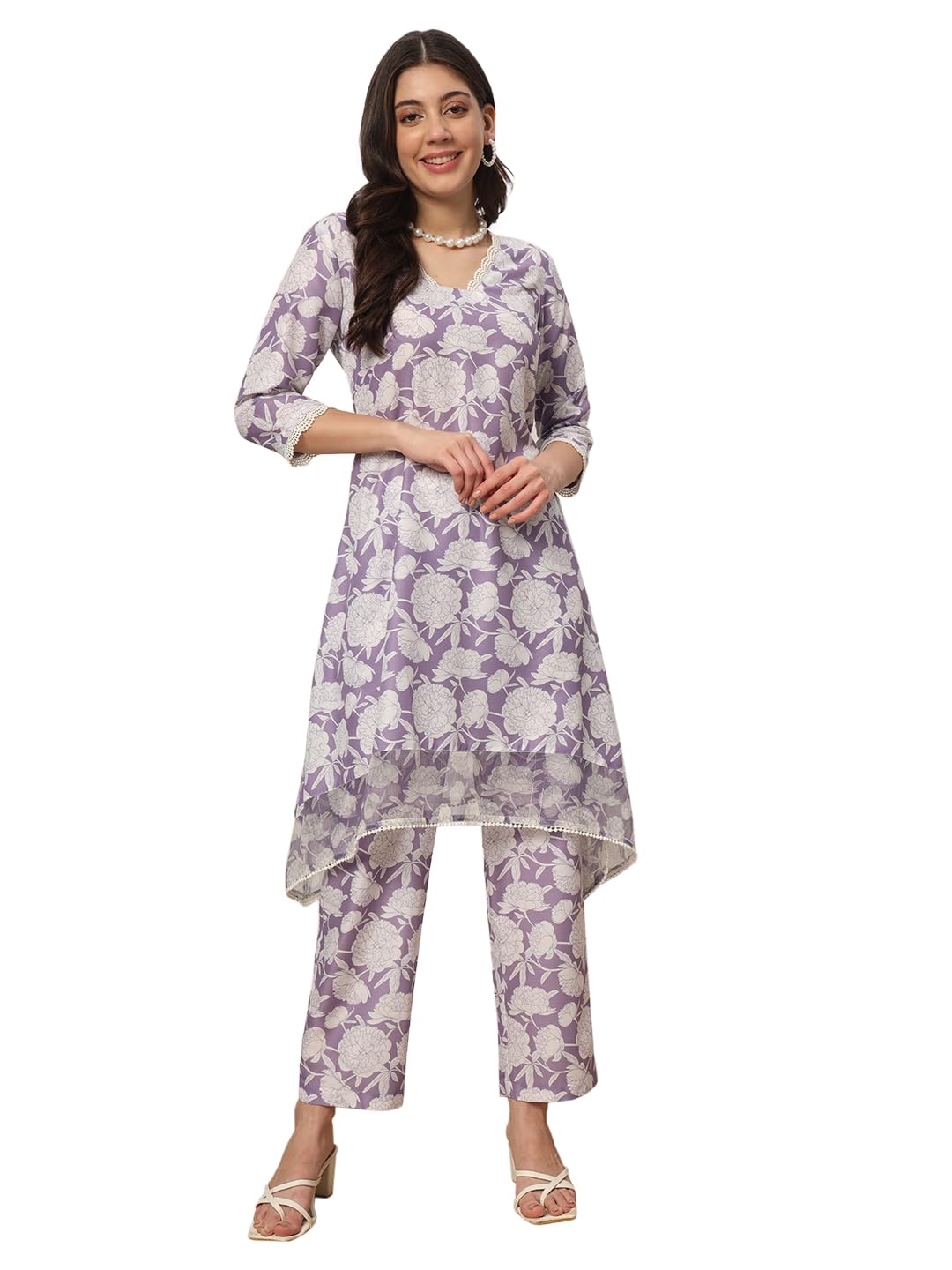 FIORRA Women's Lavender Cotton Blend Printed Tunic with Pant Co-ords Set