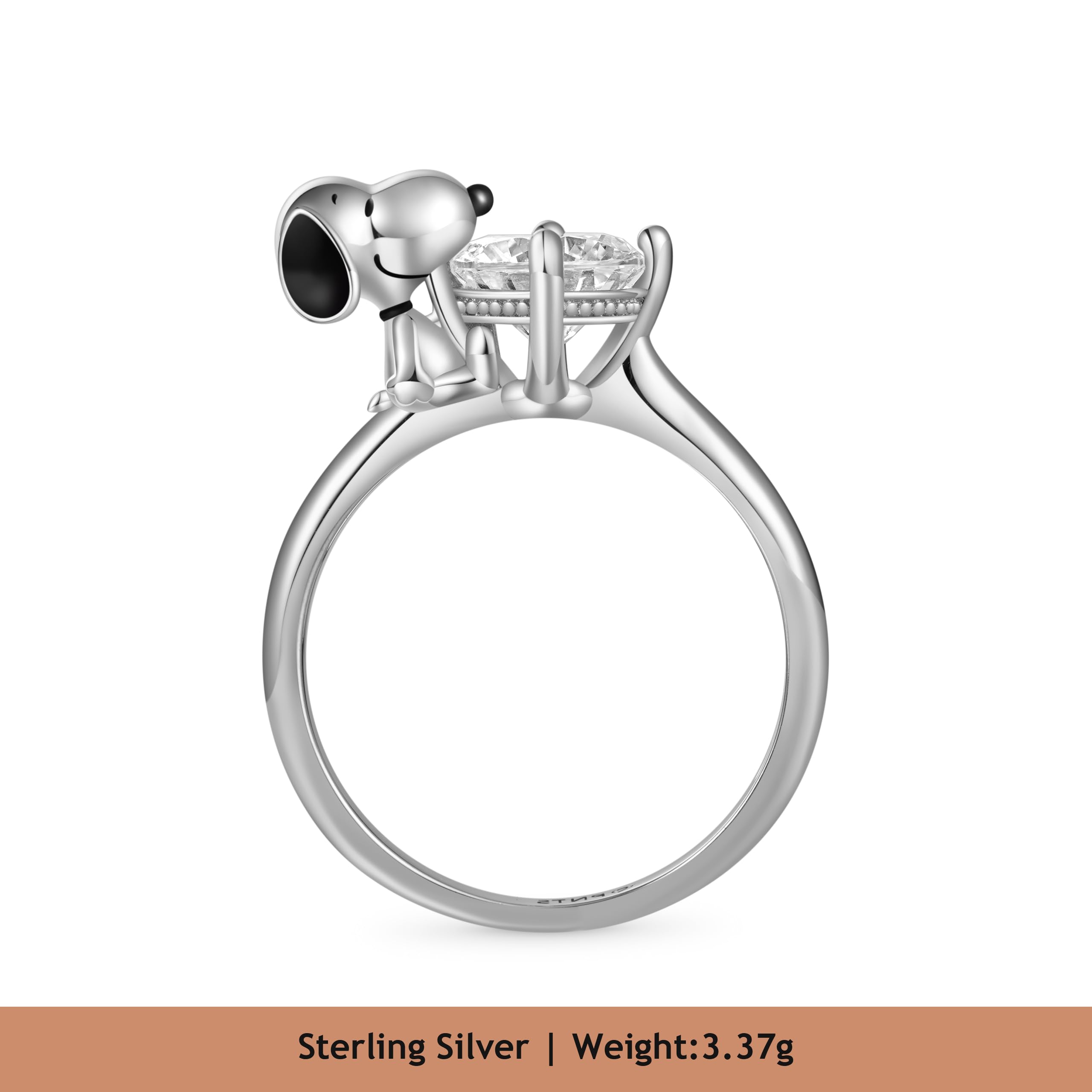 GNOCE Peanuts Snoopy Hug White Diamond Ring for Women, S925 Sterling Silver Ring for Her Wife, Valentine‘s Day, Mother’s Day Jewelry