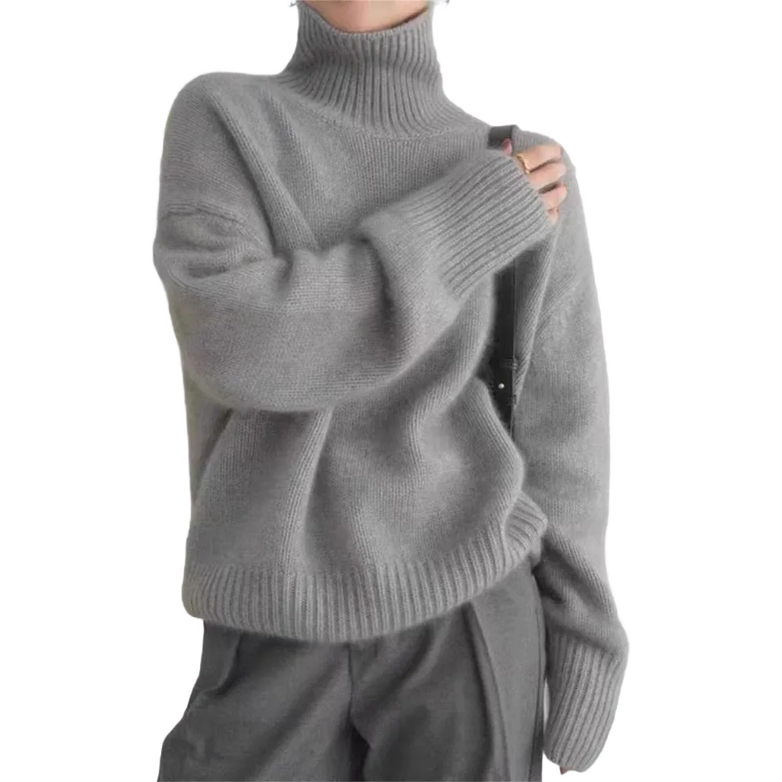 Kaschmir-Pullover für Damen, Rollkragenpullover, warm, locker, gestrickt, Top, Mantel