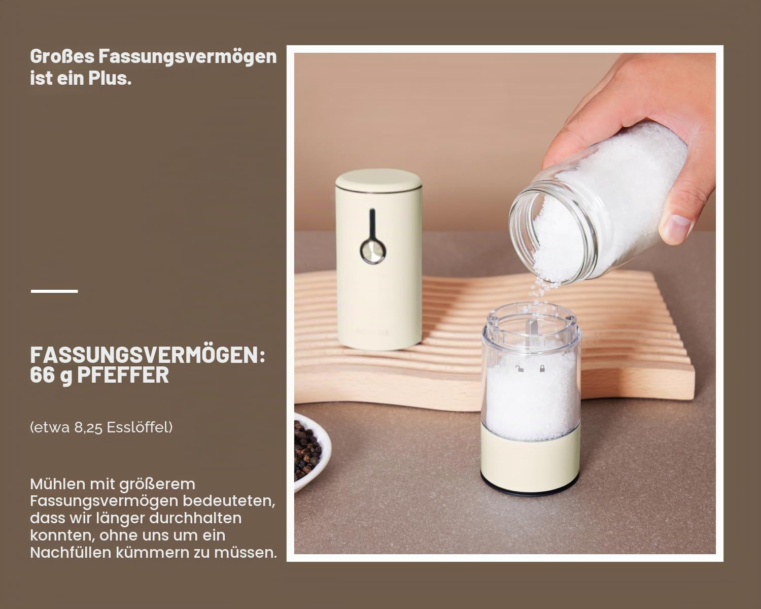 Edelstahl Elektrische Salz- und Pfeffermühlen Set USB-wiederaufladbar – 6 Mahlstufen, LED Licht & Staubschutzdeckel – 2er-Set Braun