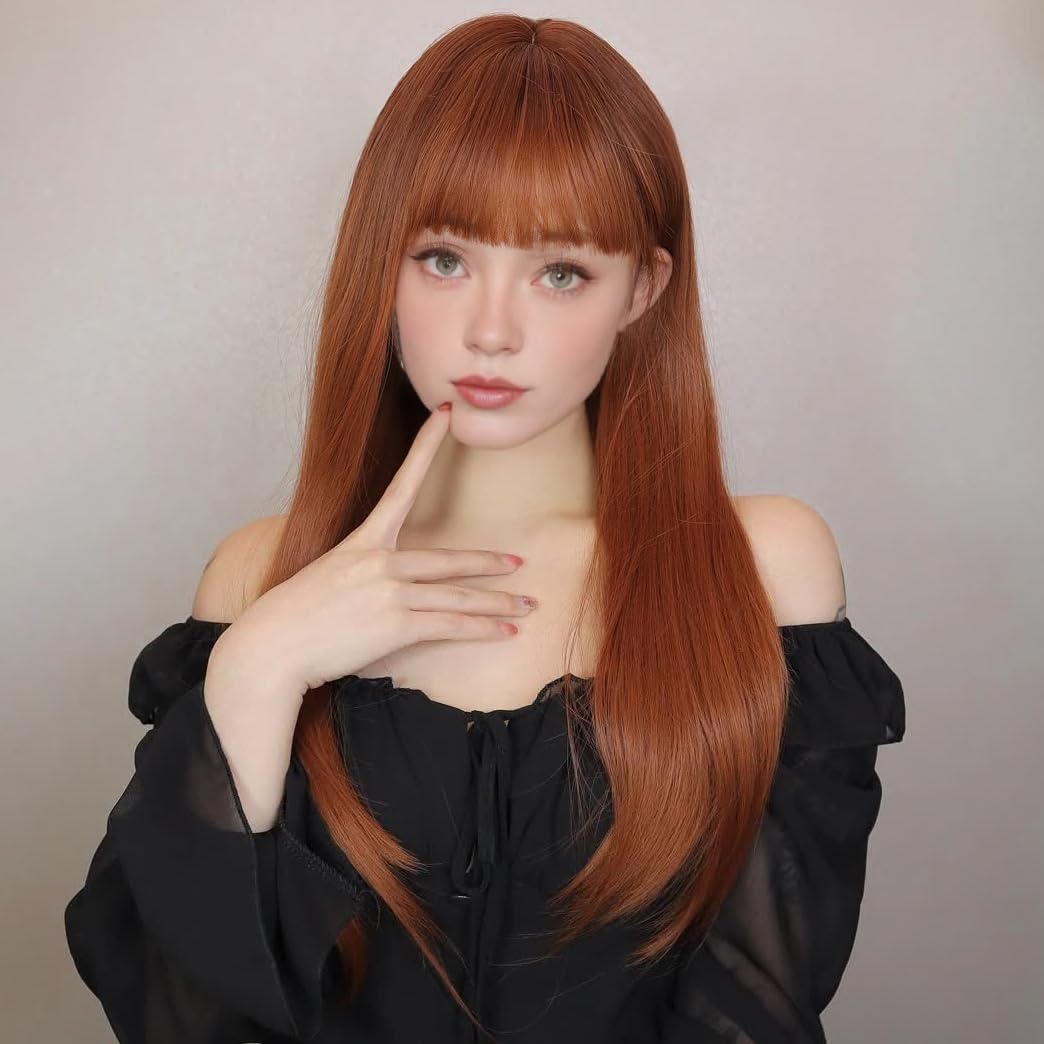 PORSMEER Long Wigs for Women with Bangs Long Straight Natural Layered Wavy Wigs Synthetic Heat Resistant Hair for Girls Daily Party Use (Auburn) - Image 4