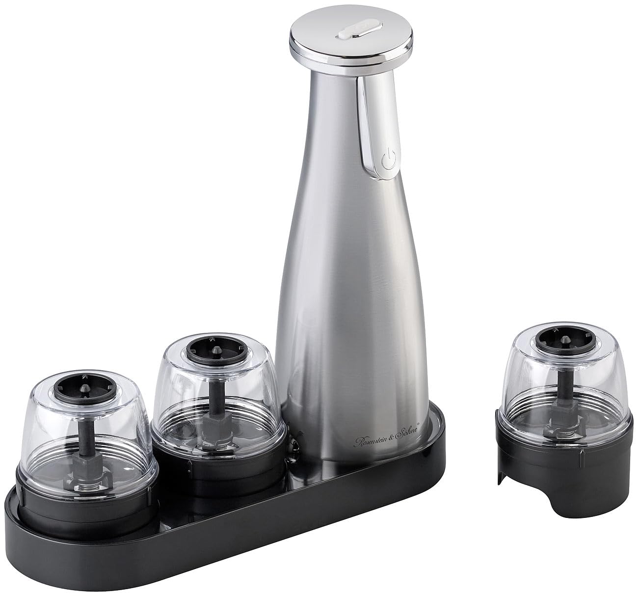 Rosenstein & Söhne Akku Salzmühle: Akku-Multi-Gewürzmühle mit 3x 150-ml-Wechselbehälter, 1.500 mAh, USB (Gewürzmühle Set, Salz & Pfeffer-Mühle 3in1, drei)