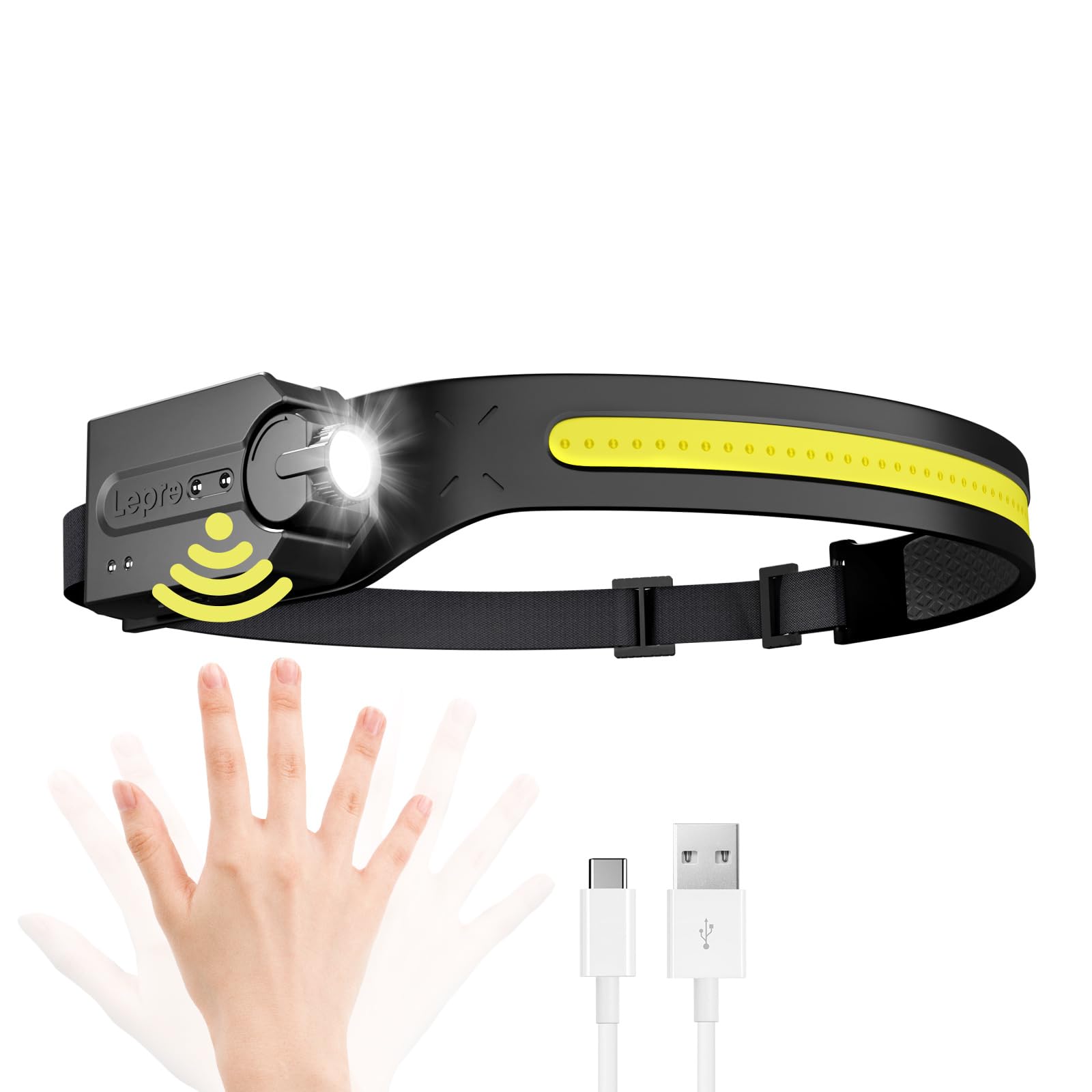 Lepro Stirnlampe, Superhelle Led Kopflampe, Wiederaufladbar mit 230° breitem Lichtkegel, Einstellbarem Scheinwerfer, Bewegungssensor, 5 Modi, Wasserdichte, leichte Stirnleuchte für Camping, Laufen