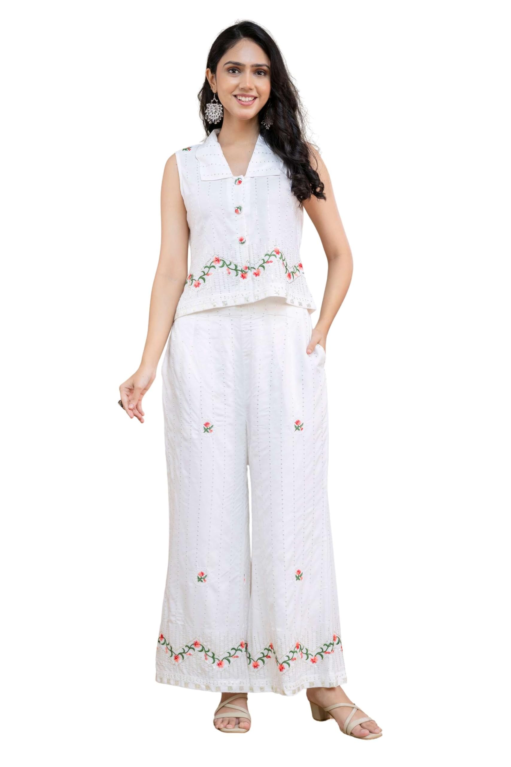 vaaki White Embroidered Co-Ord Set for Women | Sleeveless Ethnic Top & Palazzo Pants | Indo-Western Festive & Wedding Outfit (2XL)-picture-32