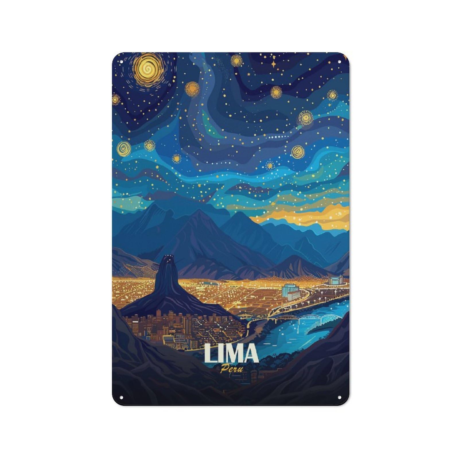 Junmoney Style-1 Lima, Peru Cityscape At Night Printed Metal Sign 30X20cm For Studio Or Craft Room, A Decorative Gift For A Newly Furnished Studio And Craft Room