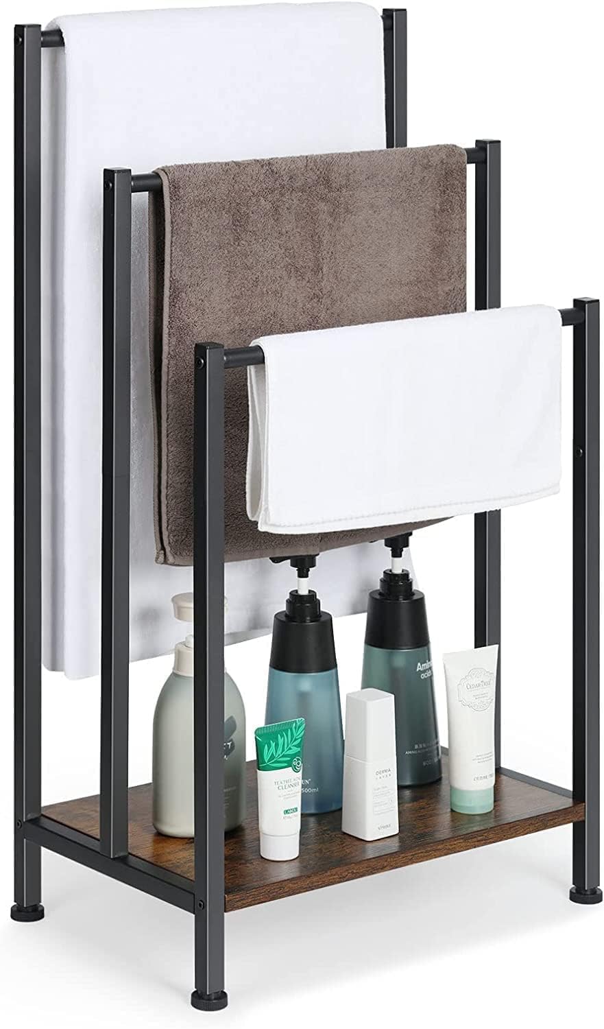51288 Freestanding Towel Rack, 3 Tier Blanket Rack Stand with Rustic Brown Wooden Shelf, Industrial Towel Stand and Quilt for Living Room, Bathroom Storage, 17.1" L*11" W*32.3" H-picture-11