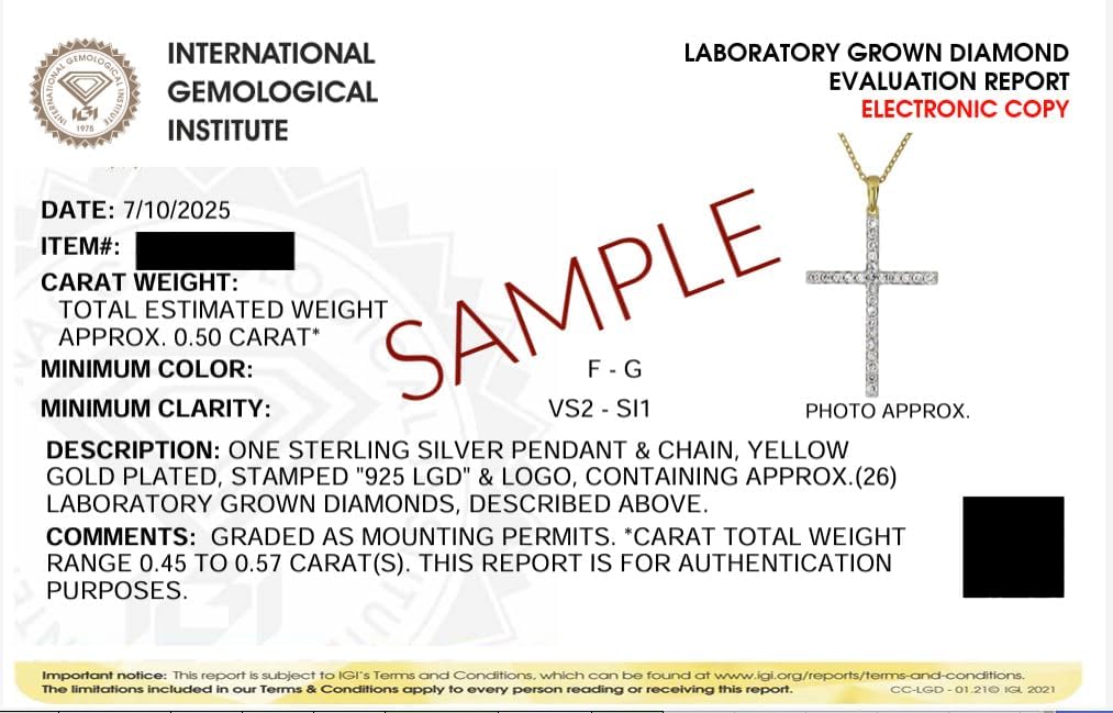 IGI Certified Lab Grown Diamond Cross Necklace 1/4 CTTW (VS2-SI1 Clarity, F-G Color) Sterling Silver or Yellow Gold Plated Silver - 18 Inch Chain - Image 3