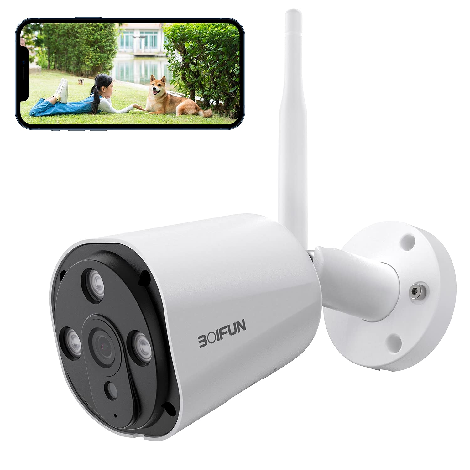 Amazon Co Jp 最新強化版500万画素 Boifun 防犯カメラ 屋外 1944p高画質 Wifi ワイヤレス ネットワークカメラ 暗視撮影850nm赤外線内蔵 監視カメラ Smarth 264圧縮技術 動体検知 警報通知 Ip66防水防塵 双方向音声 Wifiカメラ スマホ対応 遠隔操作 156 広角 アンテナ