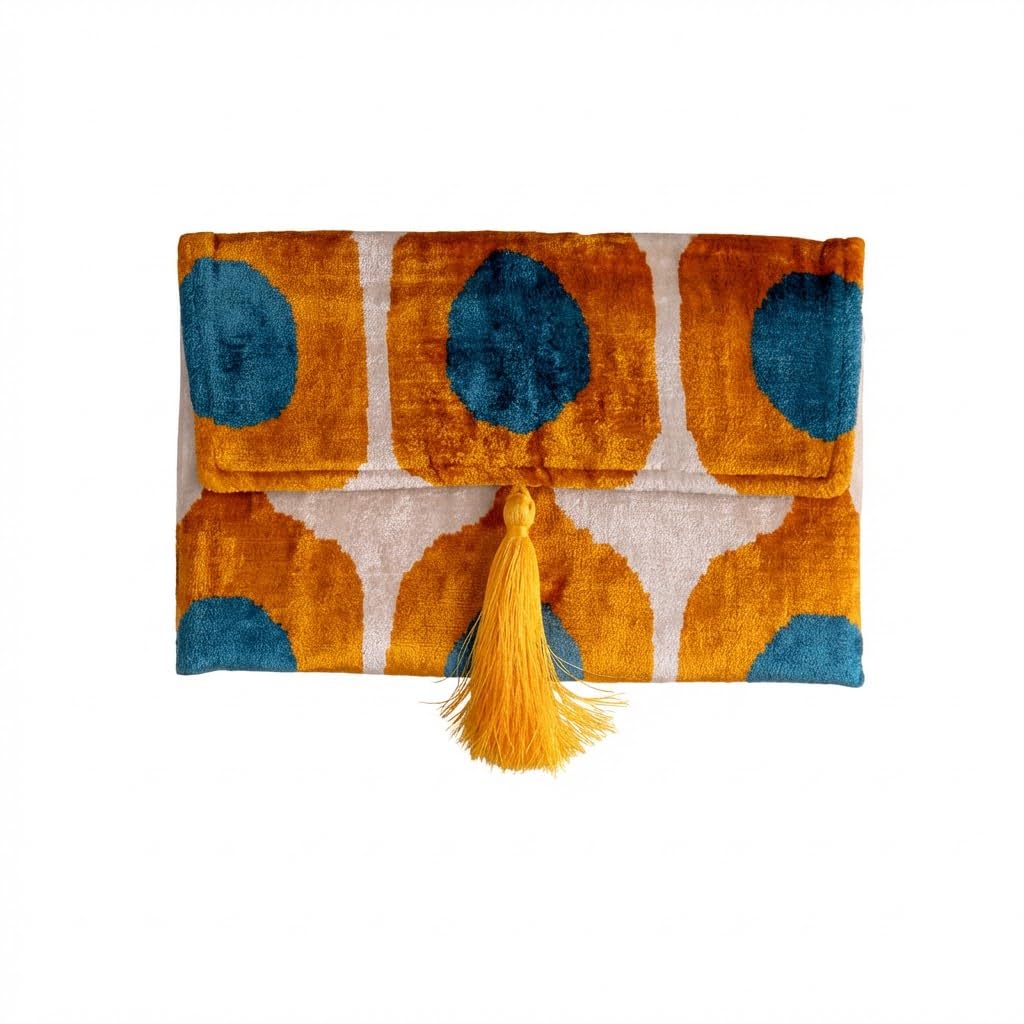 Pochette Ikat in velluto di seta fatta a mano, stile busta, design bohémien, motivo etnico, opzione cinturino a catena, pochette per feste serali, borsa premium, bianco sporco, turchese, oro