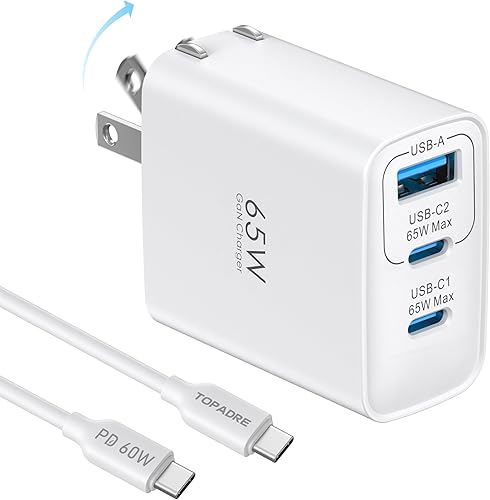 Bloque de cargador USB C de 65 W, cargador de pared GaN de 3 puertos, plegable, compacto, tipo C, carga rápida para MacBook Pro/Air, para iPhone