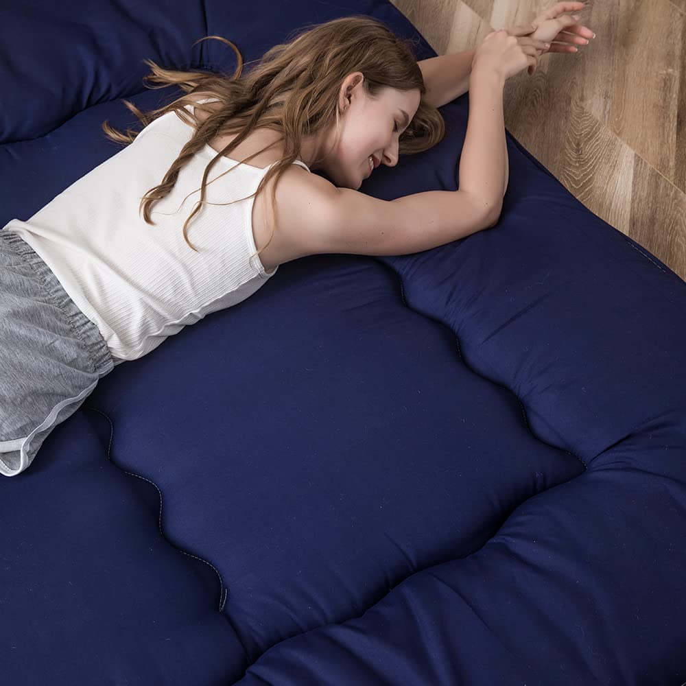Materasso futon, materasso da pavimento giapponese imbottito, trapuntato, extra spesso, pieghevole, traspirante, letto per gli ospiti, letto da campeggio (blu navy, matrimoniale)