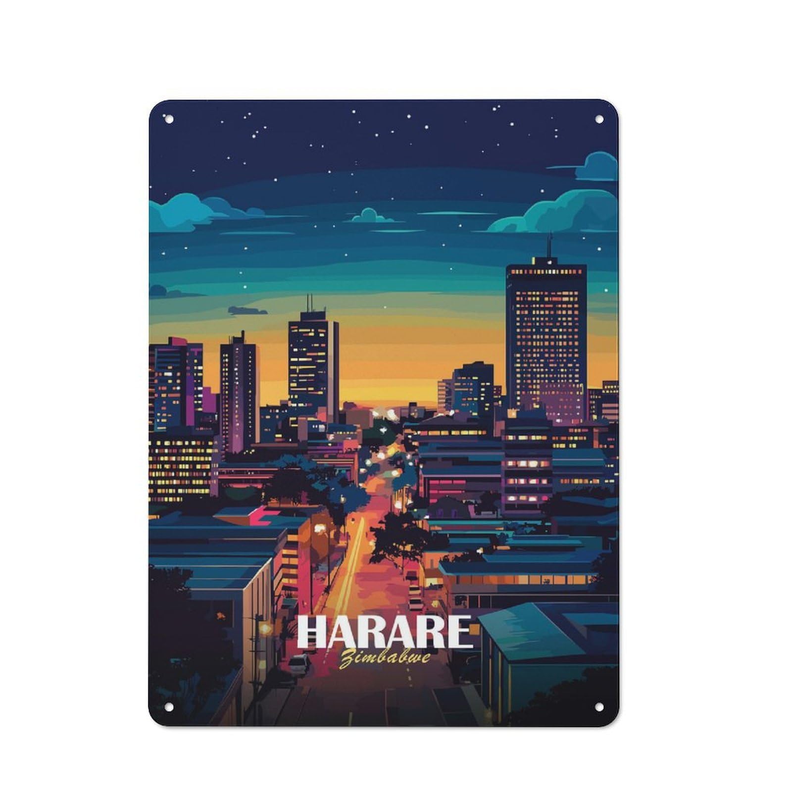 Harare, Zimbabwe Cityscape at Night Vintage Tin Sign 40x30cm for Café Or Restaurant, Suited to Café Owners And Decorators