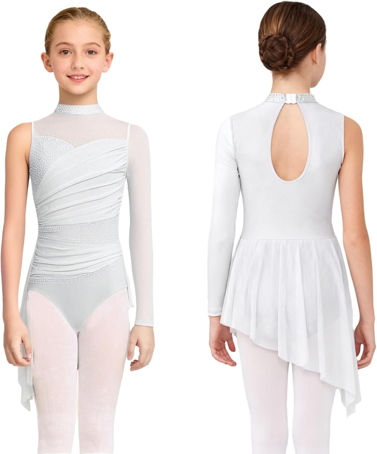 Girls Ballet Dance Dress Mesh Long Sleeve Rhinestones Figure Skating Leotard Tween Lyrical Dance Dress