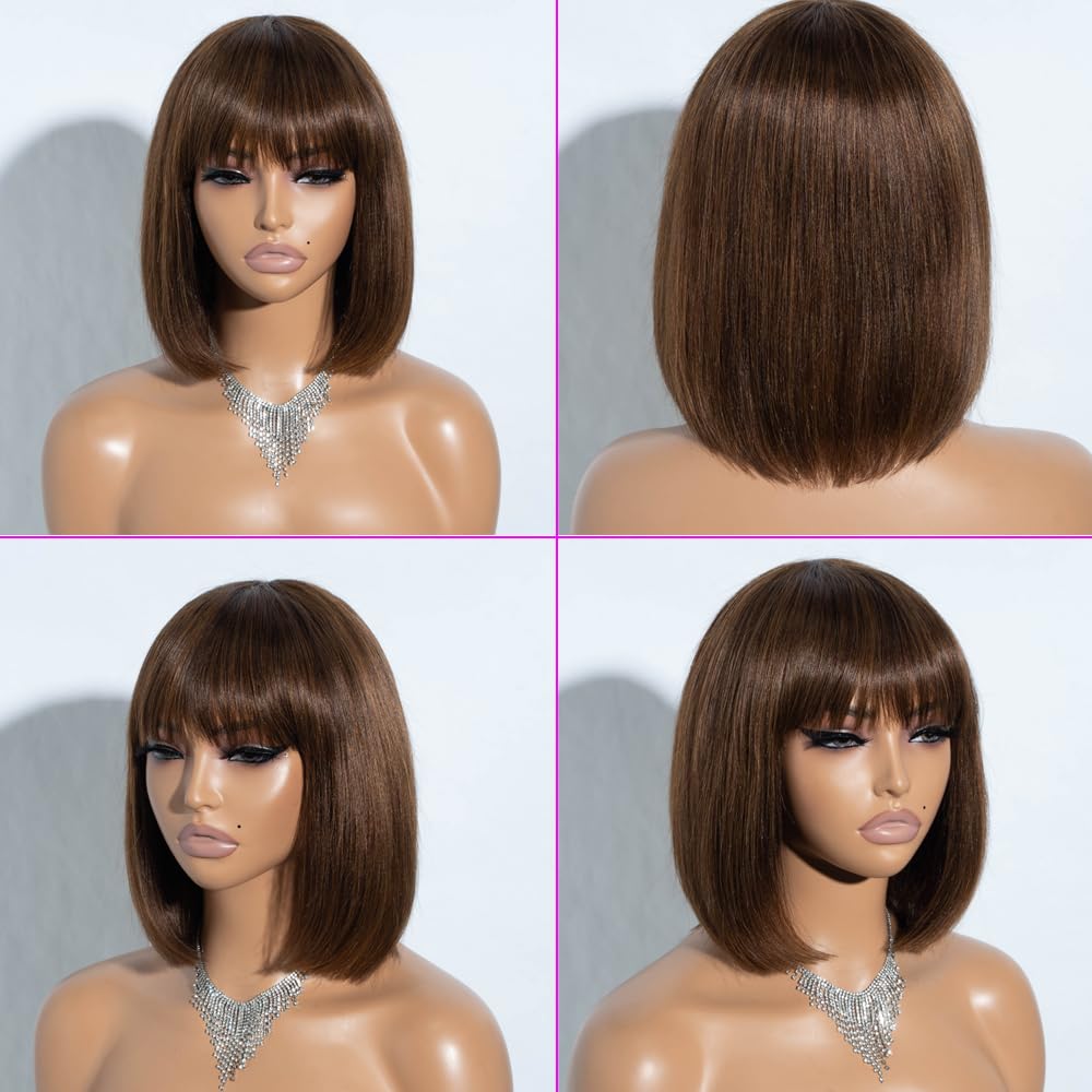 Spotlight 10 Inch Straight Bob Wig with Bangs Human Hair 180% Density Short Bob Human Hair Wigs with Bangs None Lace Front Wigs Brazilian Straight Hair Wig for Black Women (Ombre Brown, P4/30 Color)