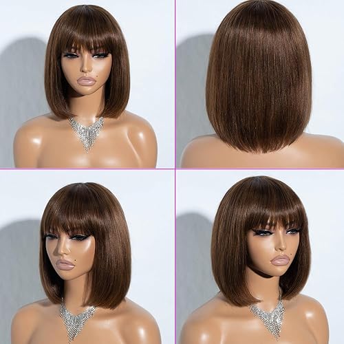 Miniatura 3 de Spotlight Pelucas de cabello humano Bob con flequillo de 10 pulgadas, pelucas cortas estilo Bob marrón degradado para mujeres negras, peluca de