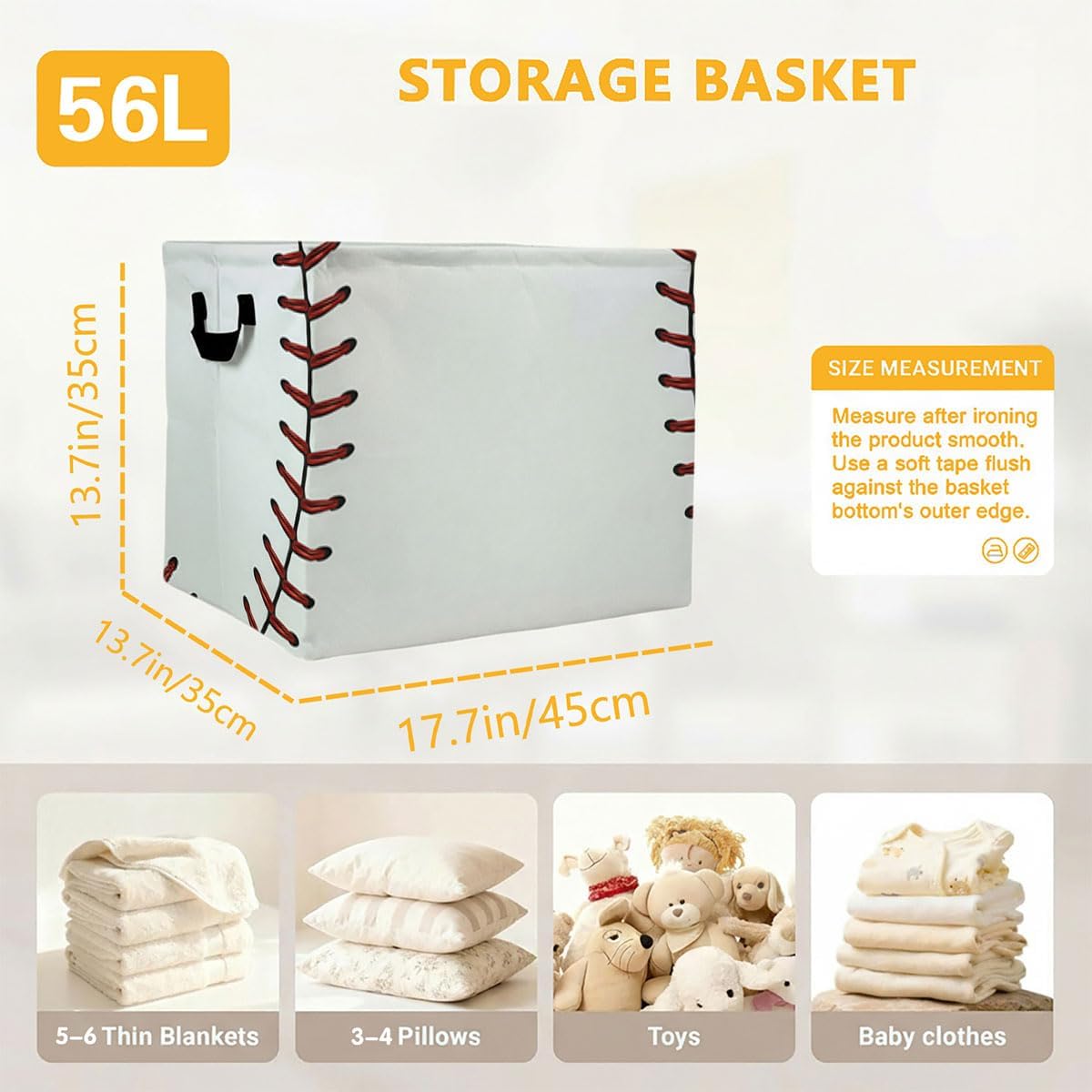 56L Baseball Laundry Basket Clothes Hamper with Handles,Foldable Blanket Storage Large Laundry Hamper with Waterproof PE,Toy Storage Bin Organizer,Cube Clothes Organizer,Home Decor