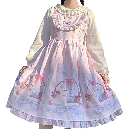 Amazon レディレイジー Lady Lazy ロリータ ジャンパースカート Jsk ノースリーブ ロリ 可愛い ドレス ミモレ丈 パステルカラー ワンピース スカート ロリ 衣装 撮影 甘ロリ 姫 コスプレ アニメ 女装 服 Cosplay Lolita 原宿 かわいい お嬢様 キャット 猫柄