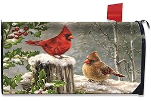 Magnetic Christmas Mailbox Cover with Winter Cardinal Birds and Holly Berry Branches