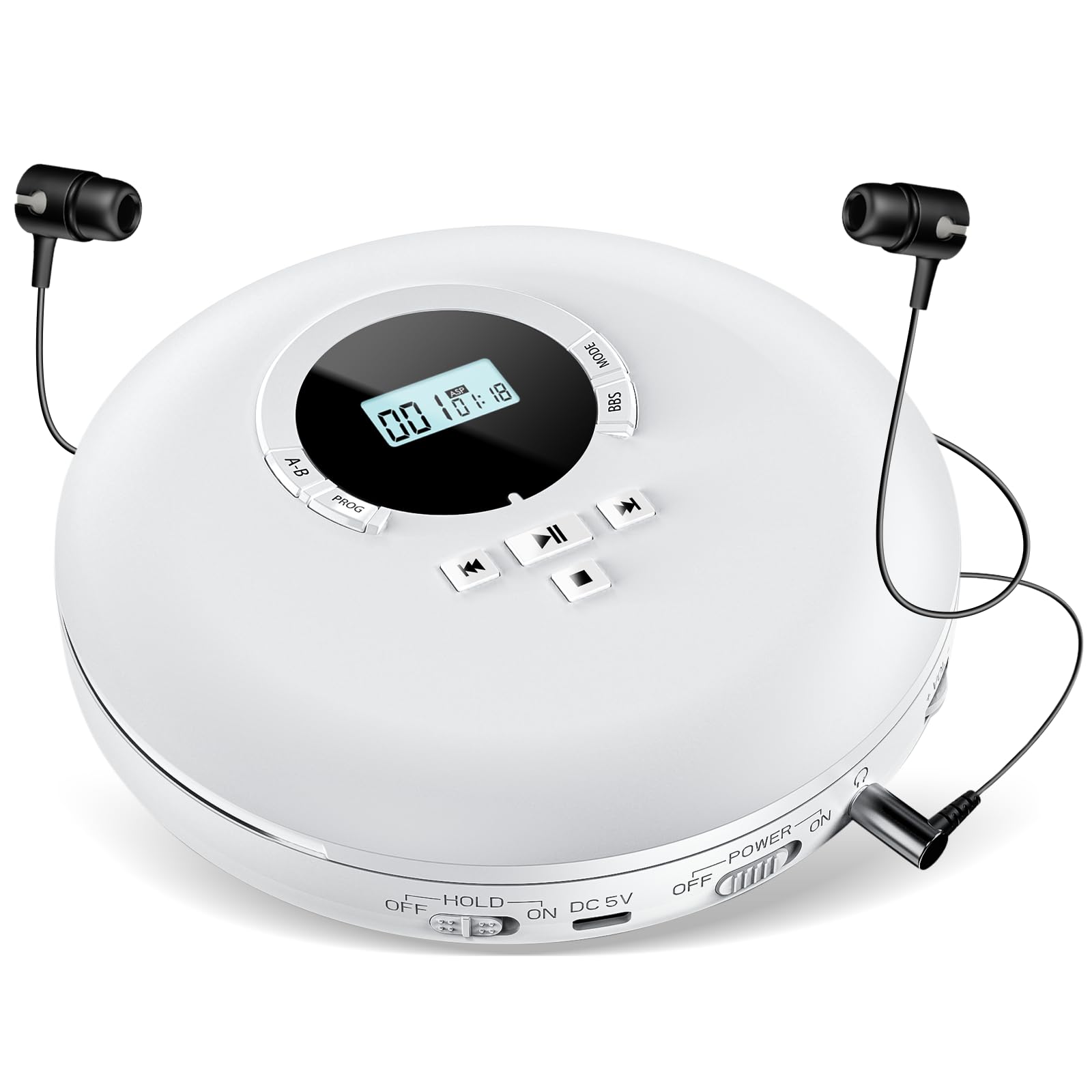 Gueray Lettore CD Portatile Lettori CD Personale con Cuffie Display LCD Anti-Skip Protezione HiFi Classico CD Lettores di Musica Memoria per Auto Casa-Bianco