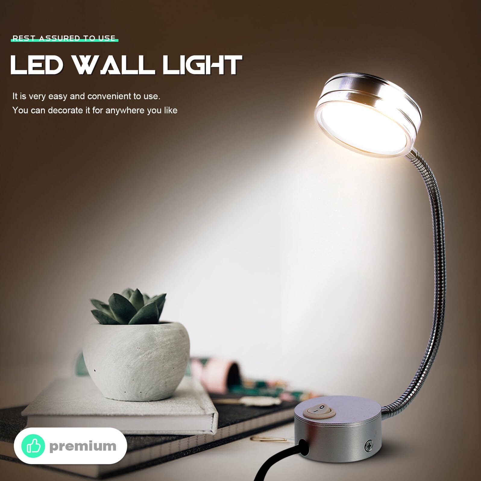Lámpara de Lectura para Cama LED de Pared, Luz Decorativa de Aluminio Plata Cuello Cisne Flexible, Fácil de Usar para Dormitorio y Pasillo