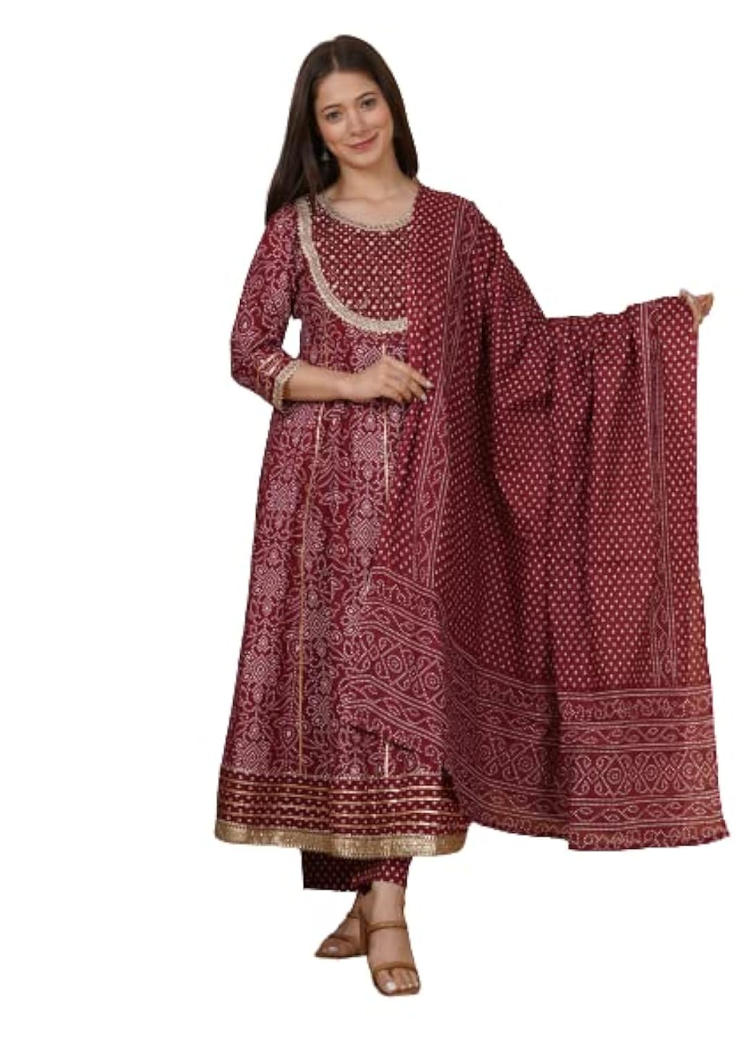 MEERA FABWomen's Cotton Printed Anarkali Kurta With Palazzo & Dupatta Set With Handwork