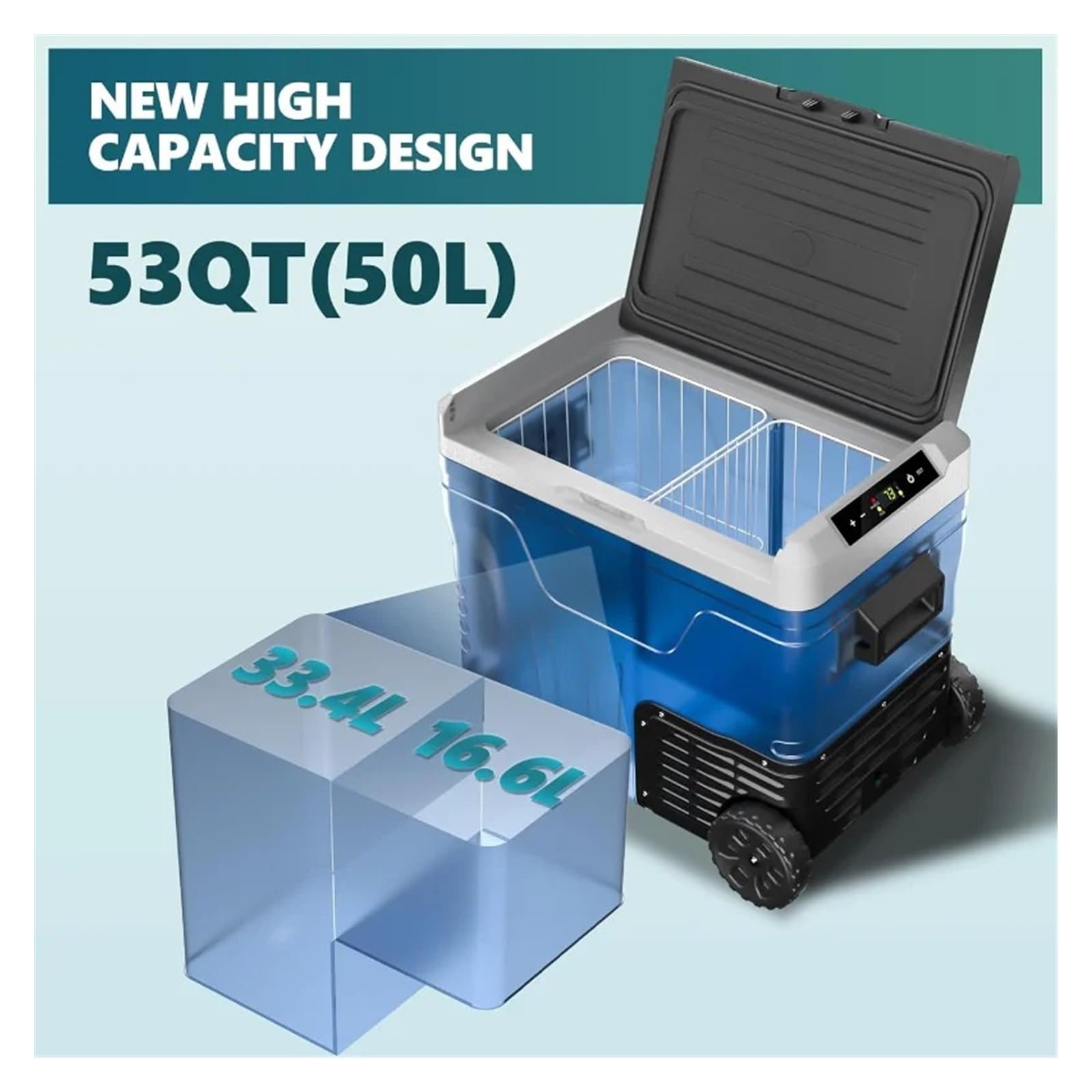 Refrigerador de 12 voltios, 53 Cuartos (50 L), Enfriador eléctrico, congelador portátil, 12 V/24 V CC, 110-240 V CA, refrigerador de 12 V, -20 °C a 20 °C, Enfriador de 12 V