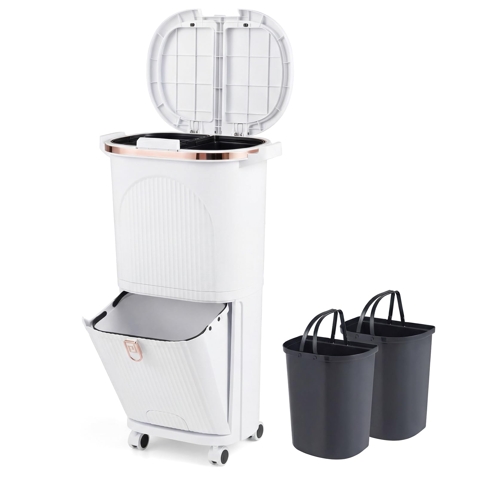 GIANTEX kosz na śmieci do kuchni 3 komory, system segregacji odpadów z 2 x 12 l koszem wewnętrznym i 14 l koszem na śmieci z pedałem, kosz na śmieci na kółkach, kosz na śmieci z pokrywą i pedałem