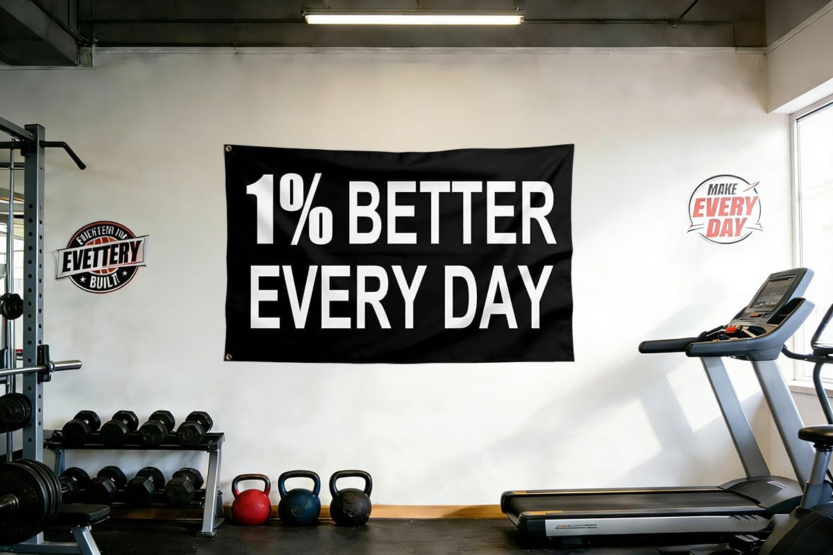 Motivational Gym Banner, 1% Better Everyday Flags, Wall Tapestry, Indoor Home Room Dorm Decor, 3x5 Feet