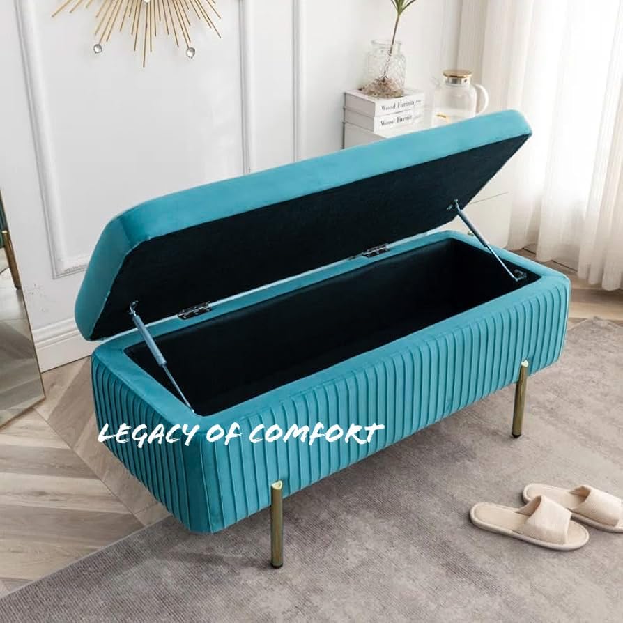 Image of LEGACY OF COMFORT Miajah Velvet Upholstered Flip Top Storage Bench 2 Seater Sofa Upholstered Ottoman Bench with Storage for Living Room, Bedroom (Light Blue)