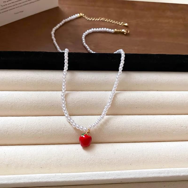 Red Apple Pearl Choker Necklace For Women Gold Sweet Adorrable Pearls Beaded Clavicle Chain Necklaces Lovely Handmade Green Leaf Pendant Fresh Cute Tropical Fruit Charm Summer Holiday Jewelry Gifts - Image 2