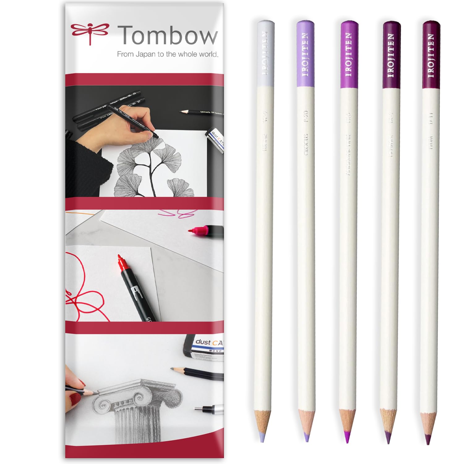 Tombow Irojiten Coloured Pencil - Wax Based Lead - Artist's Colouring Pencils - Purple Tones - Pack of 5 In Envelope Gift Packaging