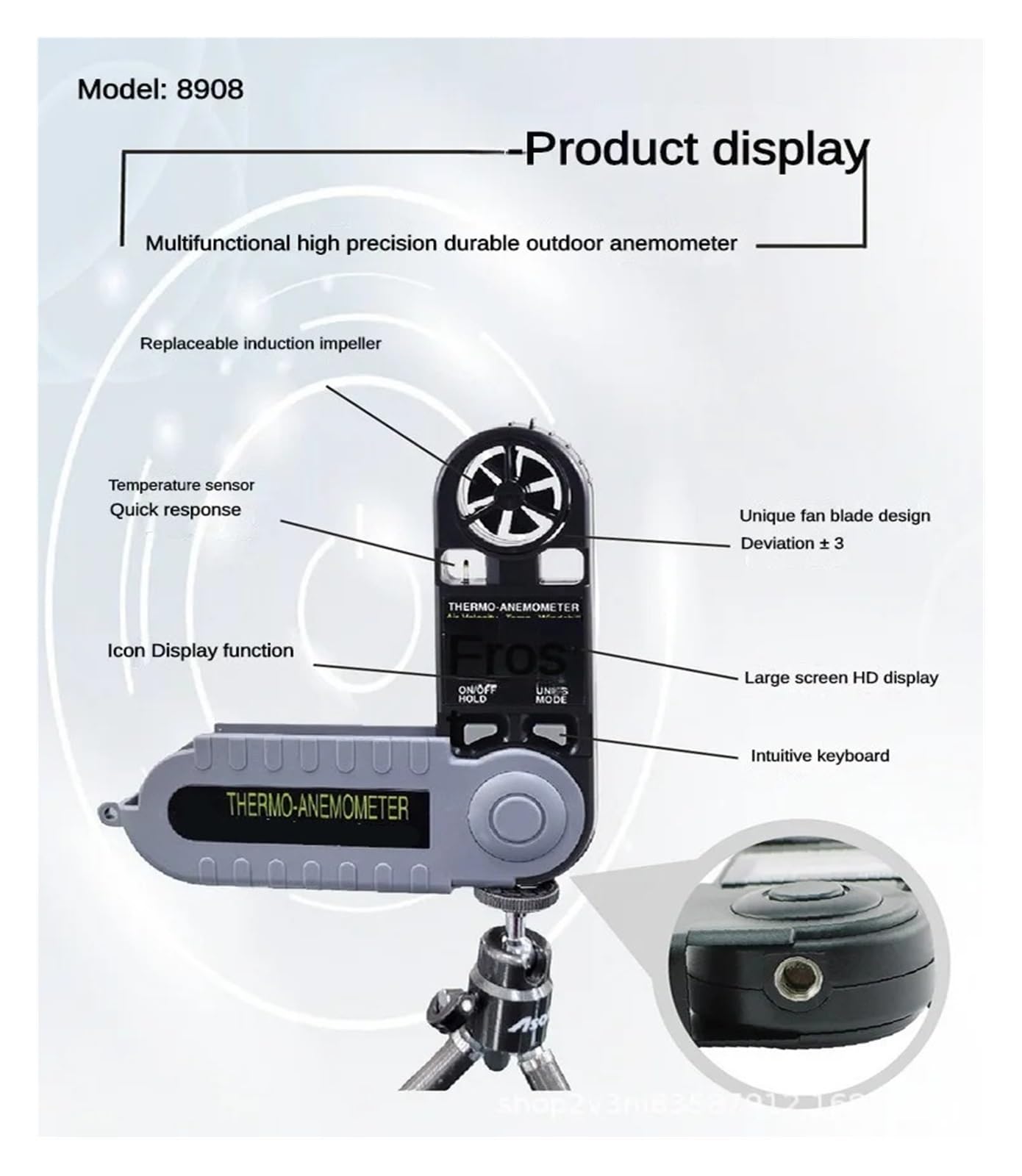 Anemometro Portatil, Anemómetro térmico digital de bolsillo 3 en 1 (velocidad del aire, temperatura y sensación térmica)