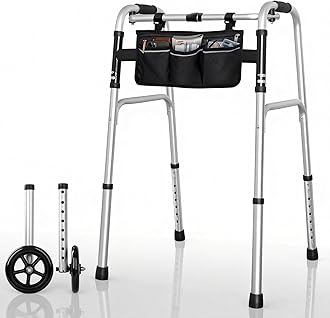 Folding Walker with 6" Wheels for Seniors - 8-Level Height Adjustable, Removable Bearing Wheels, Stand Assist Walker with Storage Bag, 350 lbs Bariatric Capacity, Aluminum Lightweight, Silver