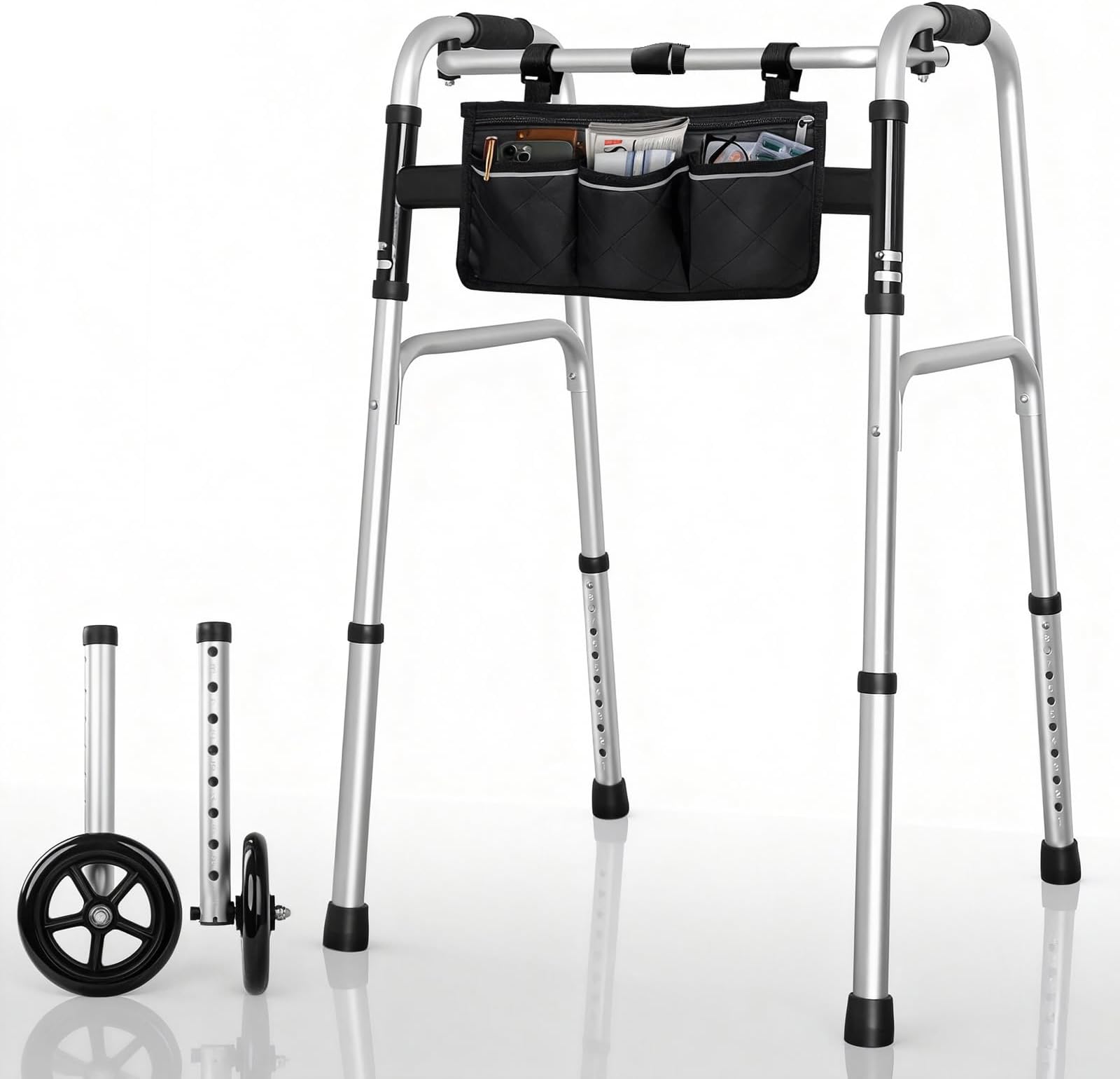 Folding Walker with 6" Wheels for Seniors - 8-Level Height Adjustable, Removable Bearing Wheels, Stand Assist Walker with Storage Bag, 350 lbs Bariatric Capacity, Aluminum Lightweight, Silver
