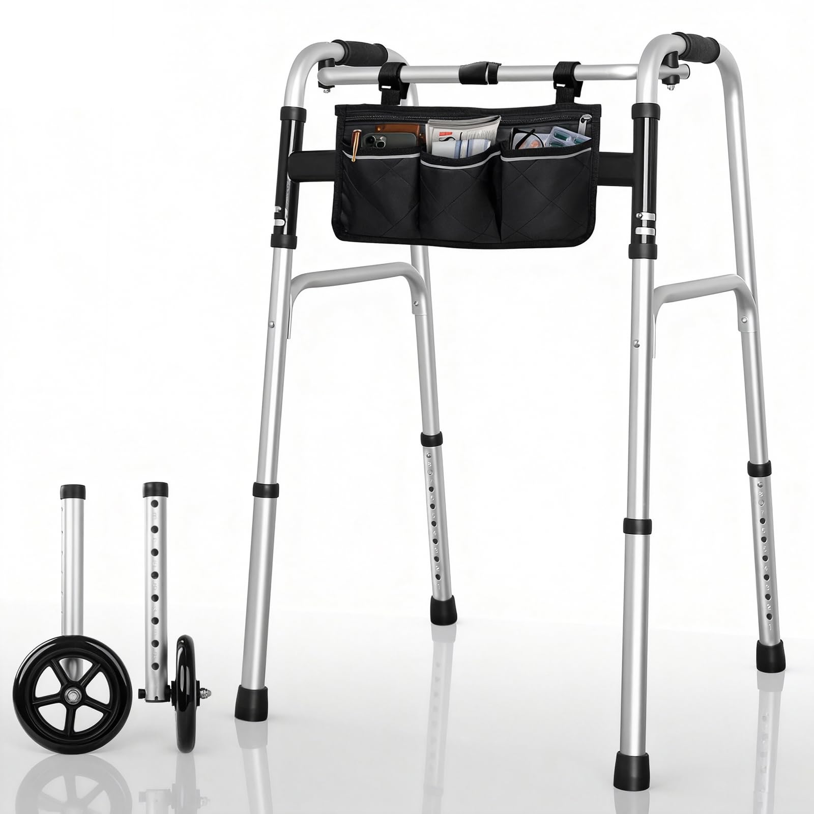 Folding Walker with 6" Wheels for Seniors - 8-Level Height Adjustable, Removable Bearing Wheels, Stand Assist Walker with Storage Bag, 350 lbs Bariatric Capacity, Aluminum Lightweight, Silver