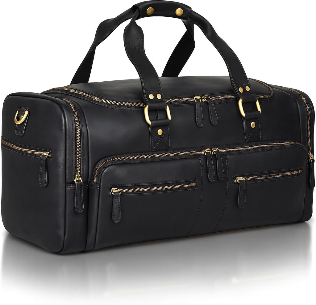 Luxorro Full Grain Leather Duffle Bag for Men | TSA Approved 22x14x9 Carry On Luggage | 22 Inch, 45L Capacity | Overnight Weekender & Travel Duffel | Black